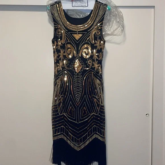 Elegant Black and Gold Embellished Dress 20s Flapper style Medium Great Gatsby - Picture 6 of 17